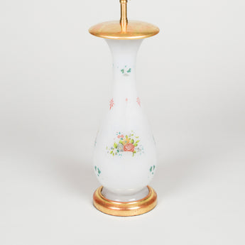 A pair of 19th century white opaline vases painted with flowers, converted to lamp.